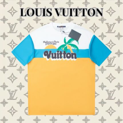 Louis Vuitton 2024 new color block printed coconut 🌴 beach style short-sleeved T-shirt
