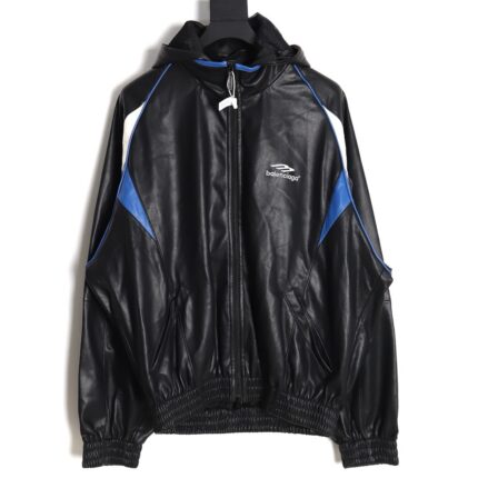 Balenciaga 24FW stitching contrasting color small embroidery hooded leather jacket