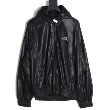 Balenciaga 24FW solid color small embroidered hooded leather jacket